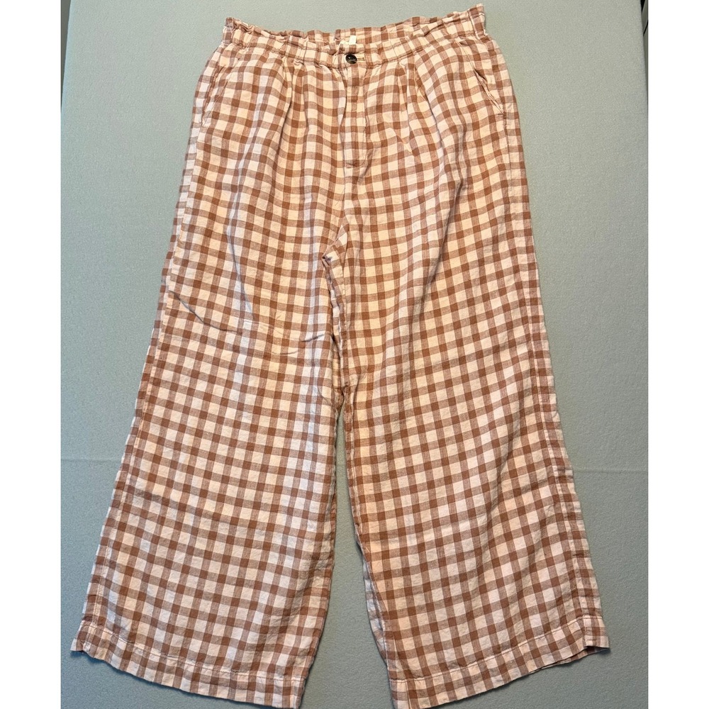 Lou & Grey Gingham Linen Wide Leg Crop Pants Brown Gingham Plaid Women Size M